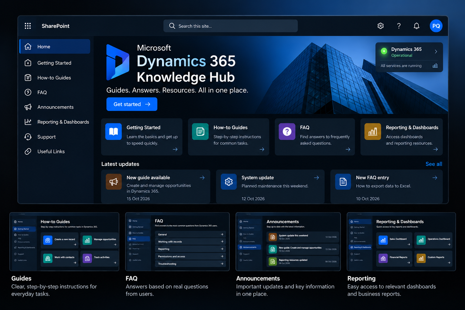 Recreated example of the Dynamics 365 SharePoint Knowledge Hub. Original data and screenshots have been replaced to protect confidential information.